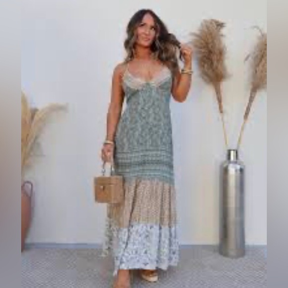 Angie Dresses & Skirts - Angie Deep V Lace Trim Halter Maxi Dress Size L- new without tags